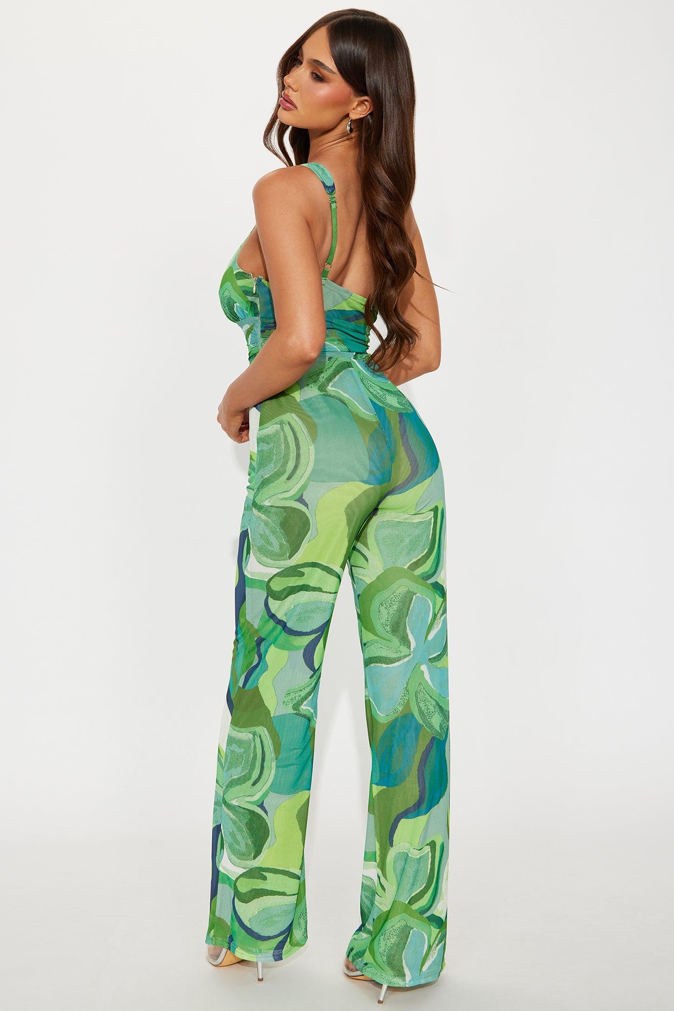 Maribel Mesh Abstract Print Jumpsuit - Green/combo Product Image