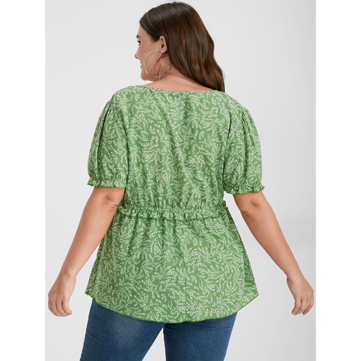 Plus Size SpringGreen Ditsy Floral Ruffled Trim Puff Sleeve V Neck Blouse Women Casual Short sleeve V-neck Dailywear Blouses BloomChic 18/2X Product Image