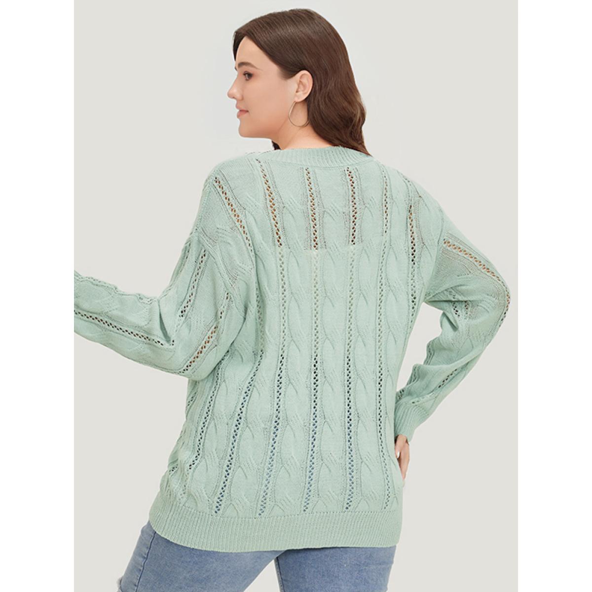 Plus Size Plain Cable Knit Drop Shoulder Pullover LightGreen Women Casual Loose Long Sleeve V-neck Dailywear Pullovers BloomChic 10/M Product Image