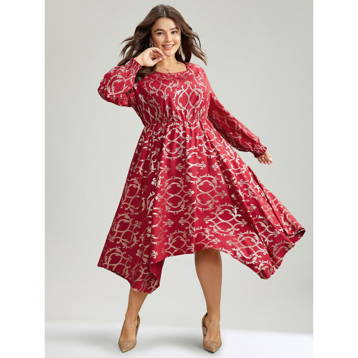Plus Size Geometric Glitter Shirred Hanky Hem Dress Raspberry Women Party Printed Round Neck Long Sleeve Curvy Midi Dress BloomChic 10/M Product Image
