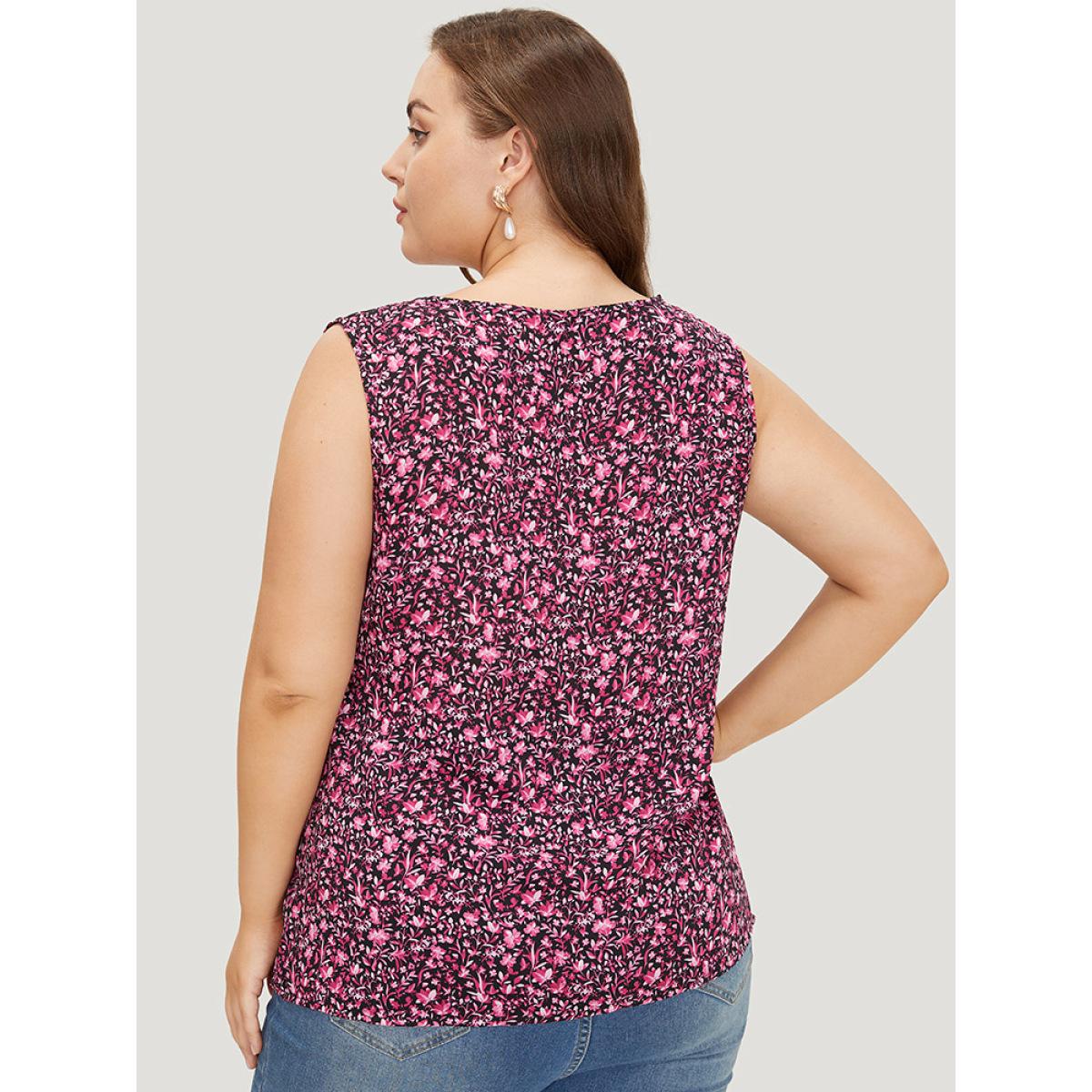 Plus Size Ditsy Floral Sleeveless Button Detail Tank Top Women BlackFlower Casual Button V-neck Everyday Tank Tops Camis BloomChic 30/6X Product Image