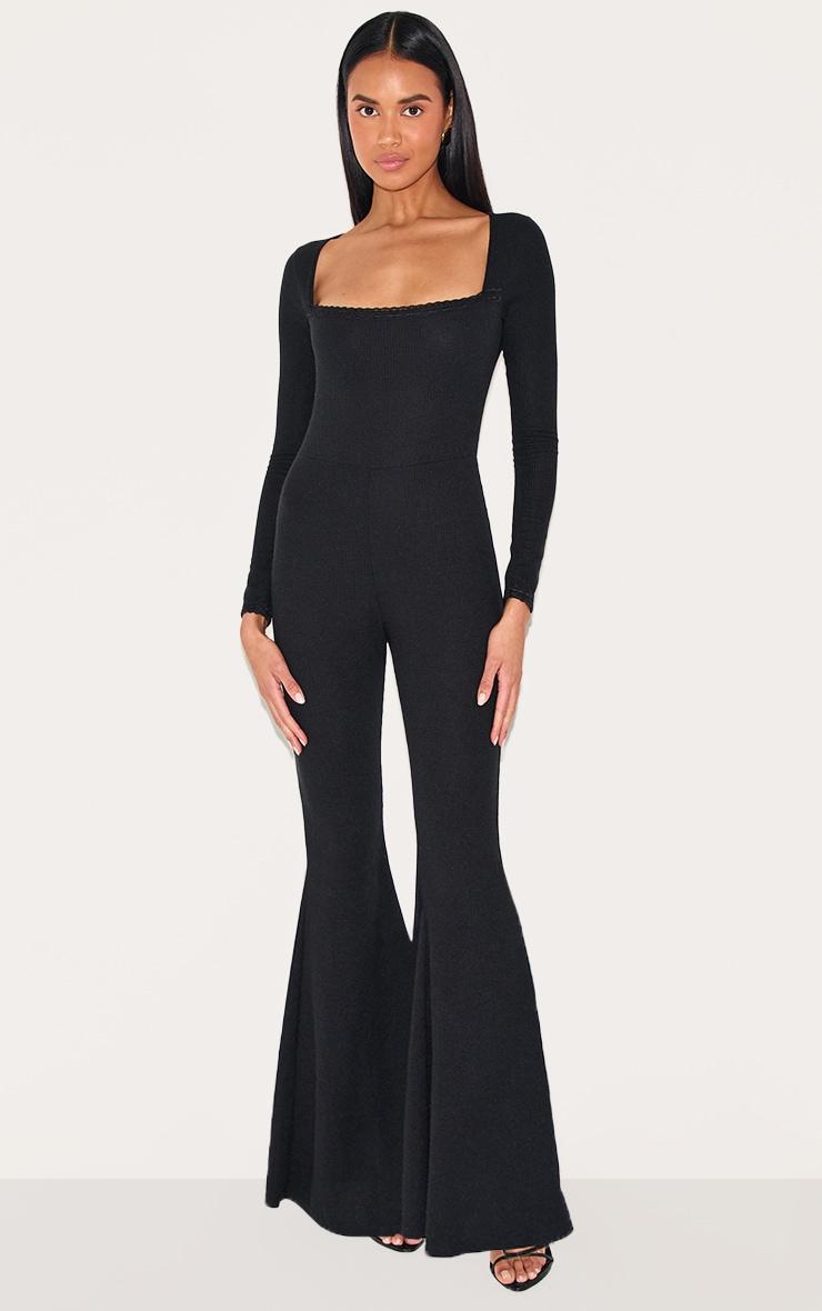 Black Ribbed Lace Trim Long Sleeve Flared Leg Jumpsuit Product Image