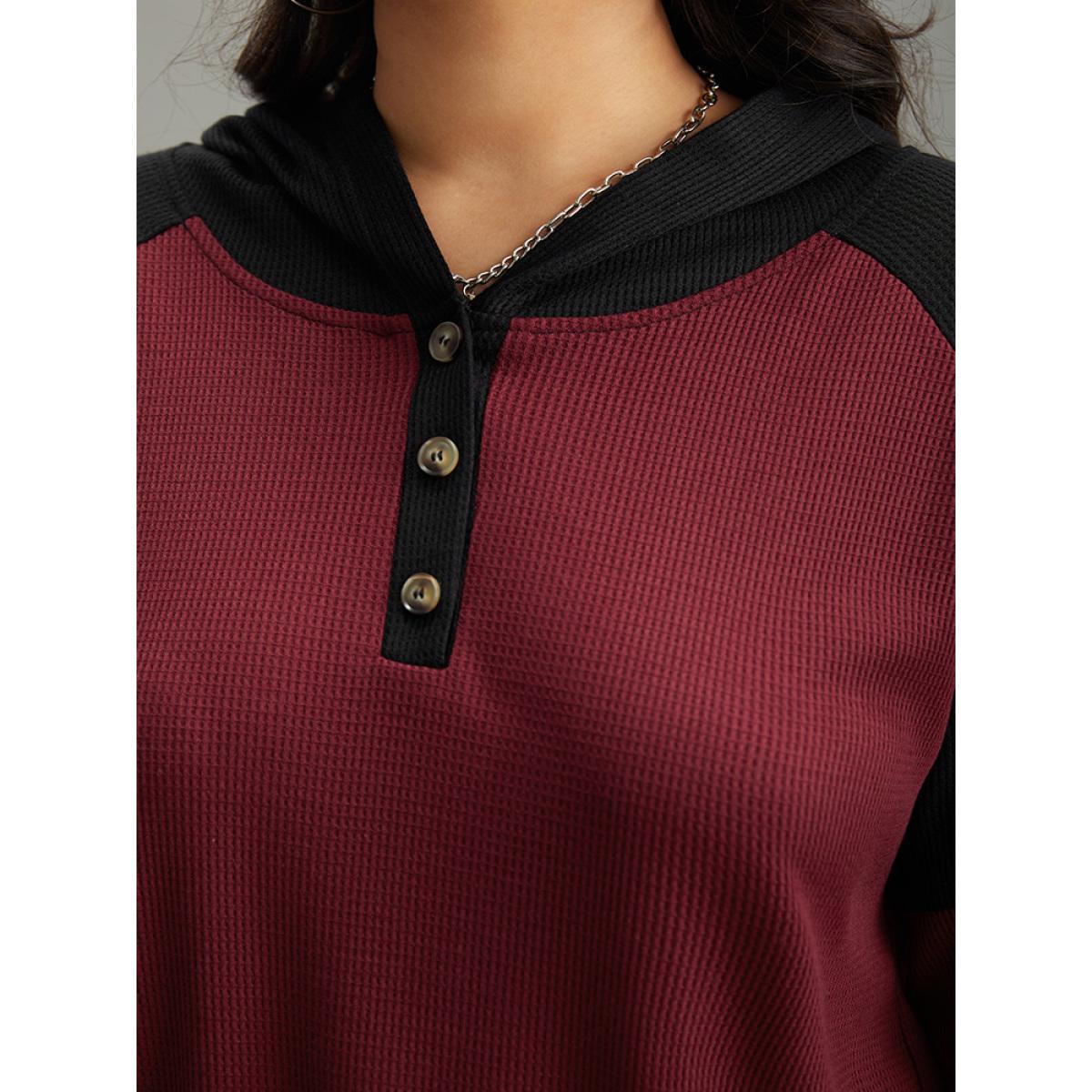 Plus Size Waffle Knit Hooded Button Up Sweatshirt Women Burgundy Casual Contrast Hooded Dailywear Sweatshirts BloomChic 14-16/1X Product Image