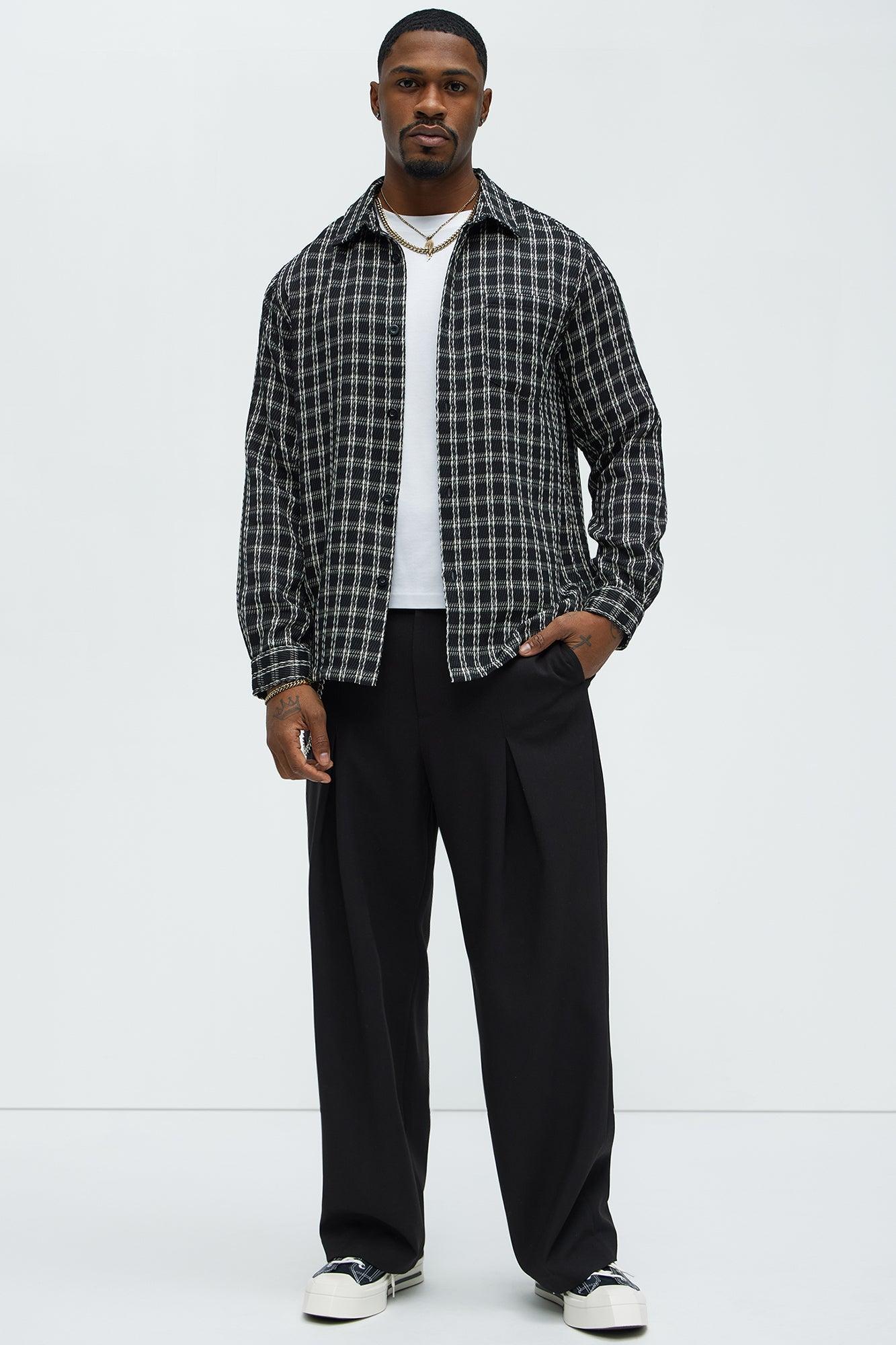 Jacquard Twill Plaid Long Sleeve Button Up - Black/White Product Image