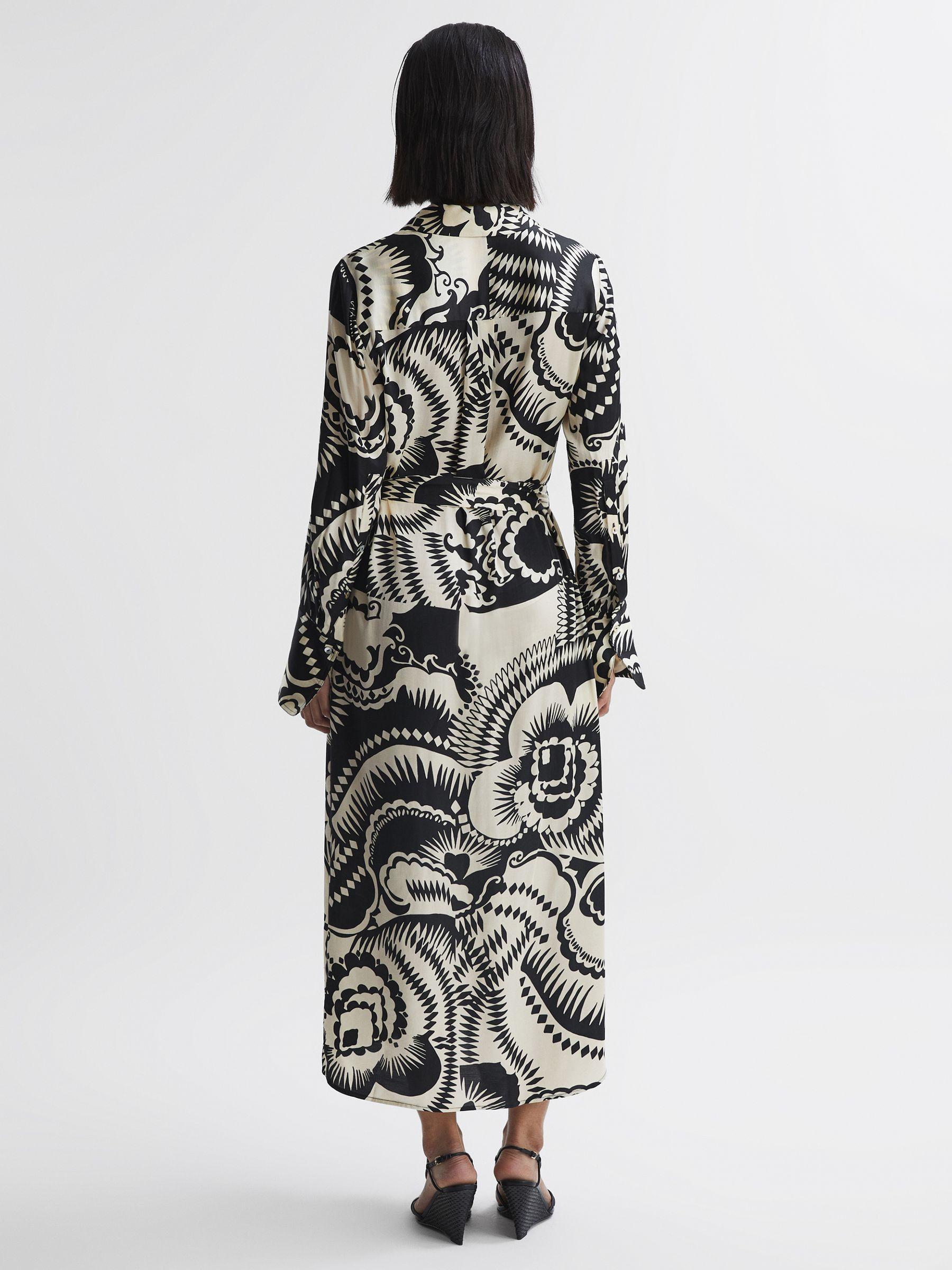 Printed Long Sleeve Midi Dress in Black/White Product Image