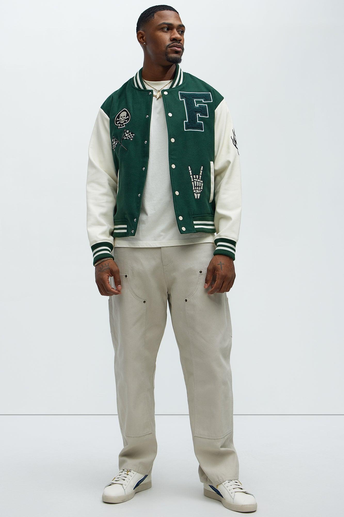 Biker Faux Leather Varsity Jacket - Green/combo Product Image
