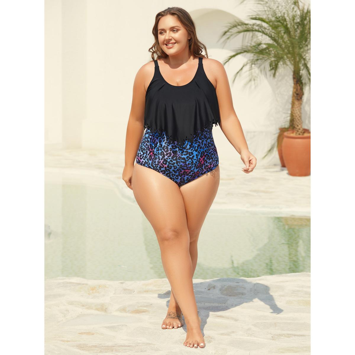Plus Size Leopard Print Laser Cut Pleated One-Piece Swimsuit Women's Swimwear Black Beach Laser Curve Bathing Suits High stretch One Pieces BloomChic 30/6X Product Image