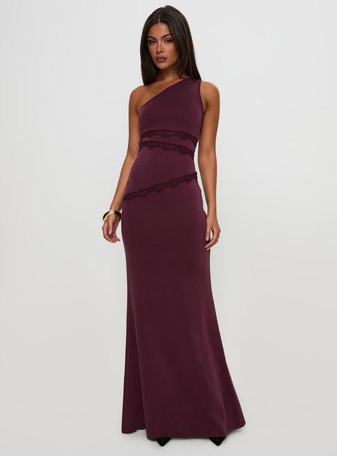 Ultraviolet One Shoulder Lace Maxi Dress Wine Product Image