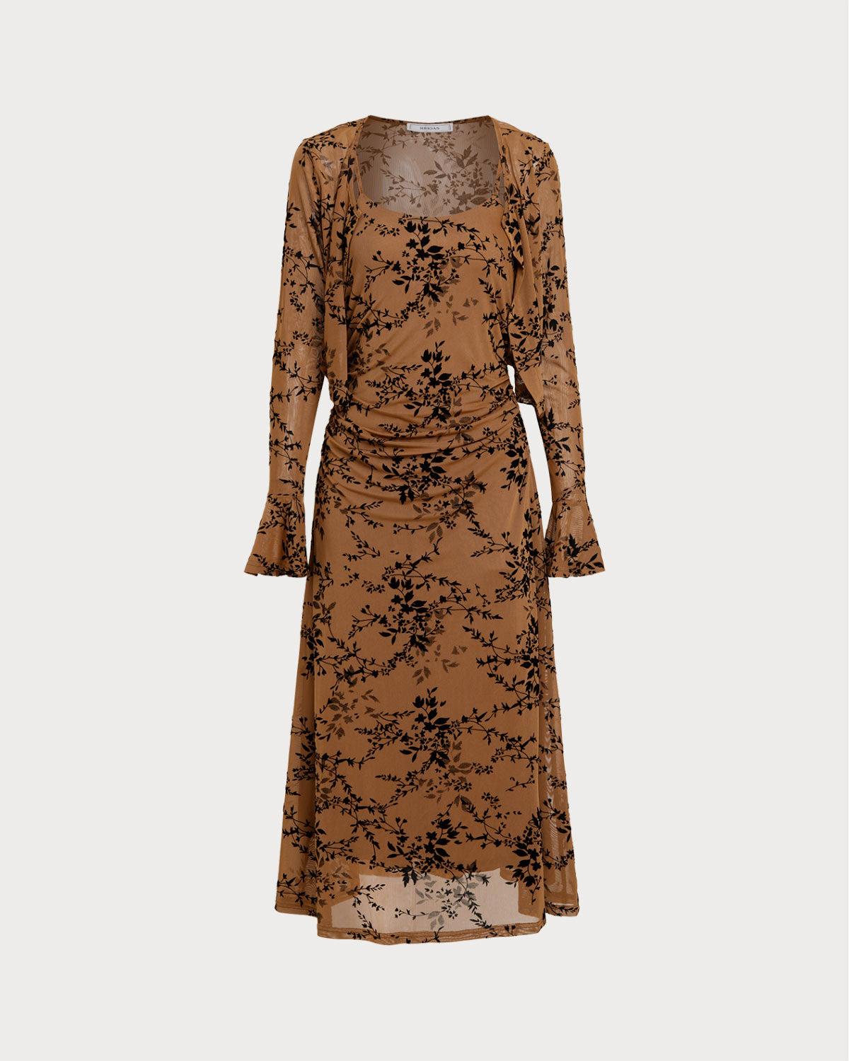 Brown Floral Two-piece Midi Dress Product Image