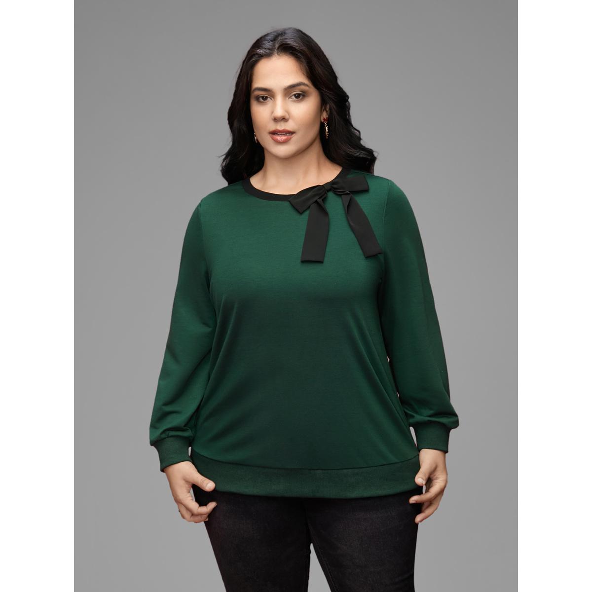 Plus Size Bow-tie Detailing High Neck Sweatshirt Women DarkGreen Leisure Contrast Round Neck Casual Sweatshirts BloomChic 14-16/1X Product Image