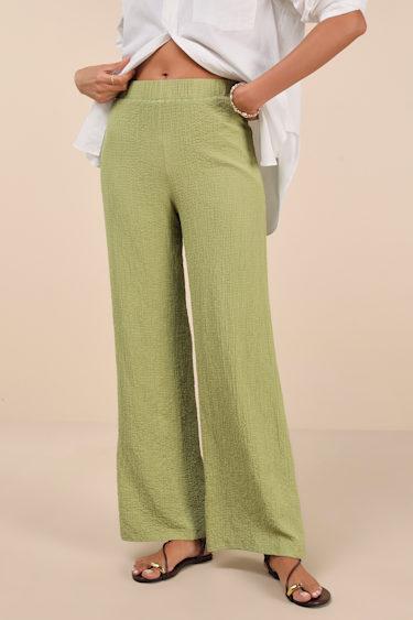 Easygoing Energy Light Green Textured High-Rise Pants Product Image
