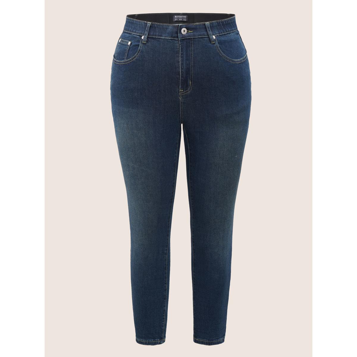 Plus Size Skinny Very Stretchy High Rise Dark Wash Gap Proof Jeans Women Indigo Casual Plain Non High stretch Slanted pocket Jeans BloomChic 12/L Product Image