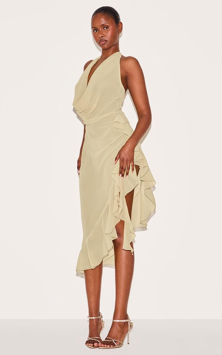 Mustard Cowl Ruffle Split Detail Midi Dress Product Image