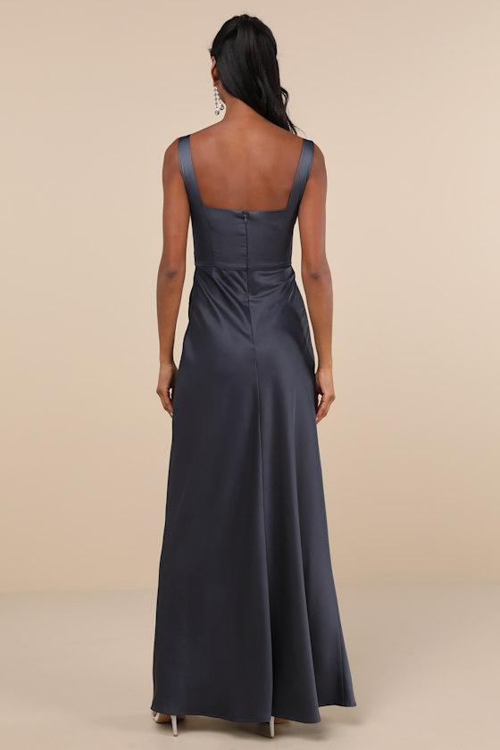 Red Carpet Romance Dark Grey Satin Square Neck Maxi Dress Product Image