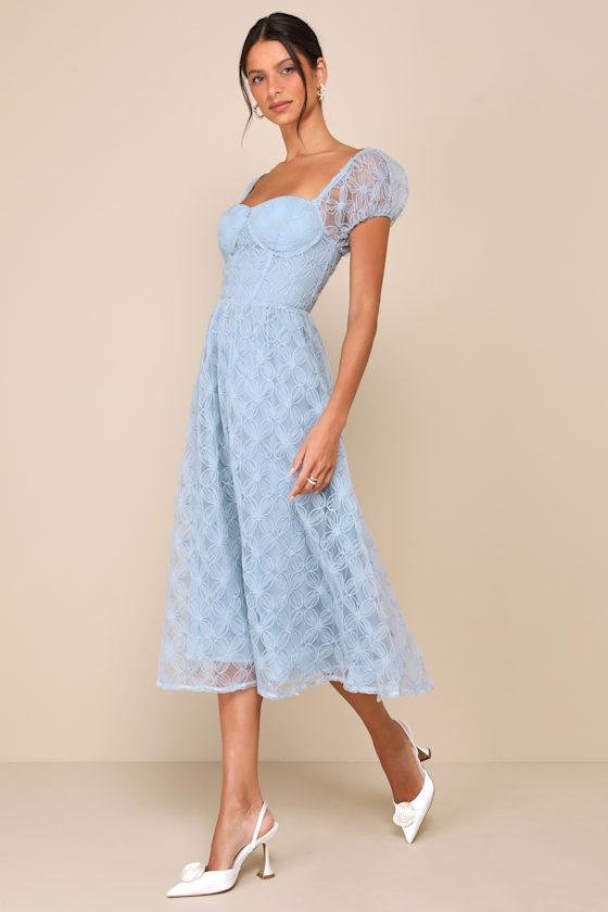 Exceedingly Elegant Blue Floral Applique Bustier Midi Dress Product Image