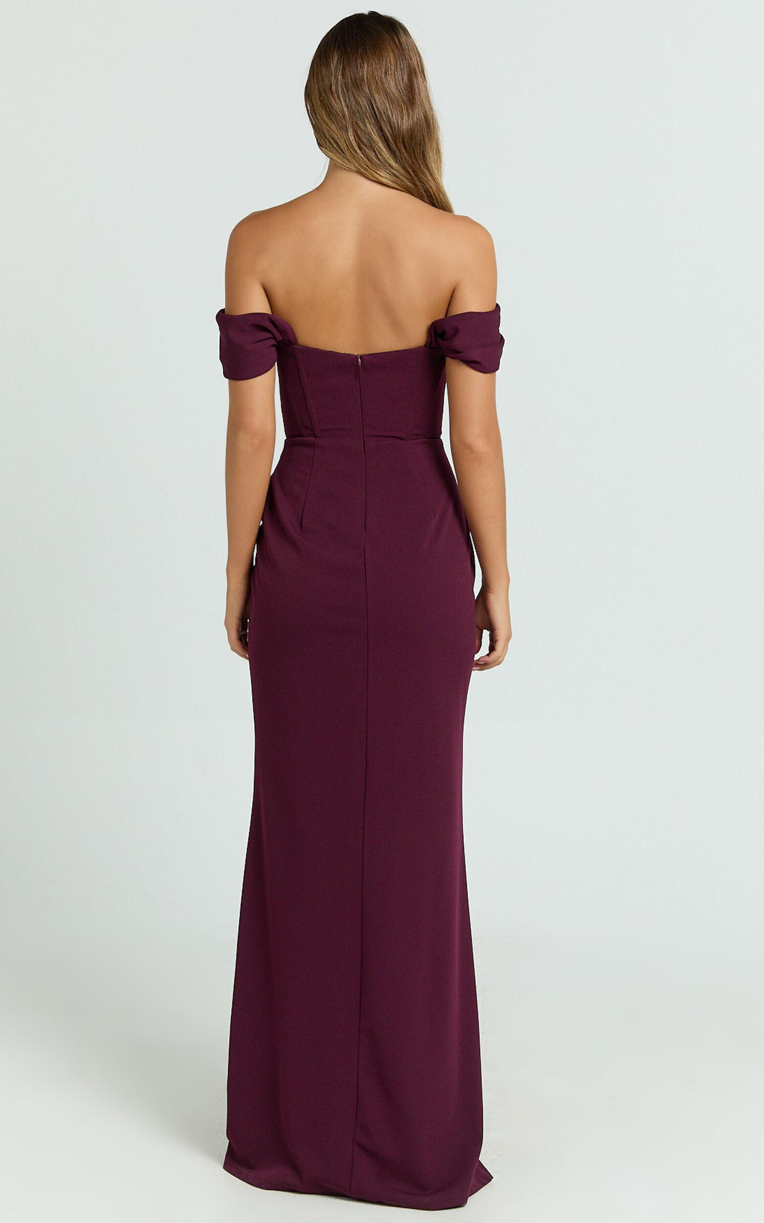 Marcel Maxi Dress - Off Shoulder Corset High Split Dress in Wine Product Image