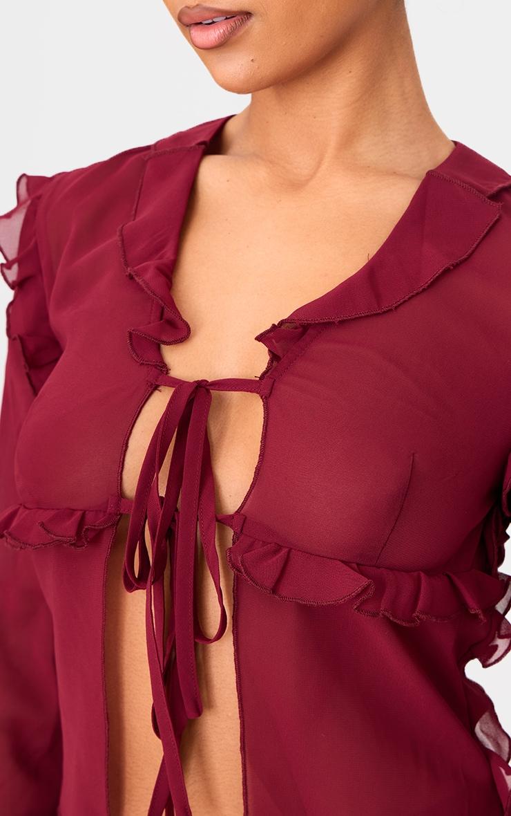Burgundy Chiffon Ruffle Fitted Tie Front Blouse Product Image