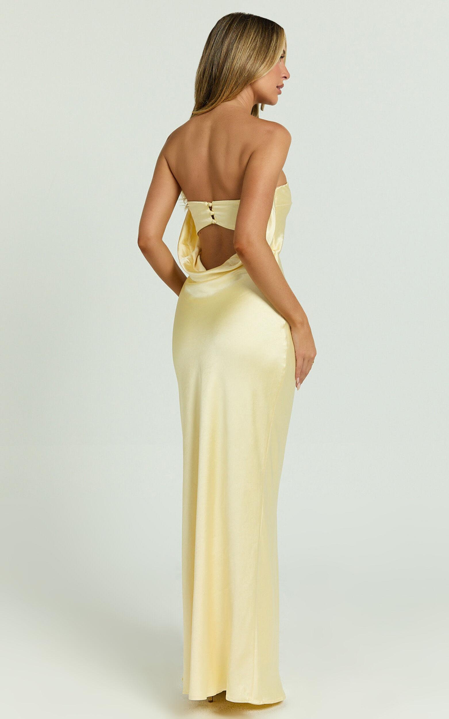 Charlita Maxi Dress - Strapless Cowl Back Satin Dress in Butter Yellow Product Image