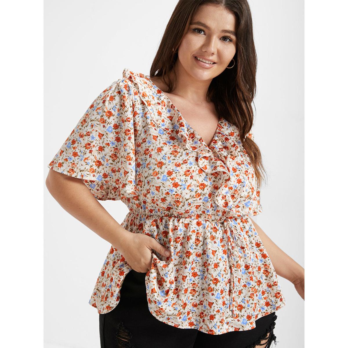 Plus Size Orange Ditsy Floral V Neck Ruffle Tie Front Blouse Women Casual Short sleeve V-neck Dailywear Blouses BloomChic 16/1X Product Image
