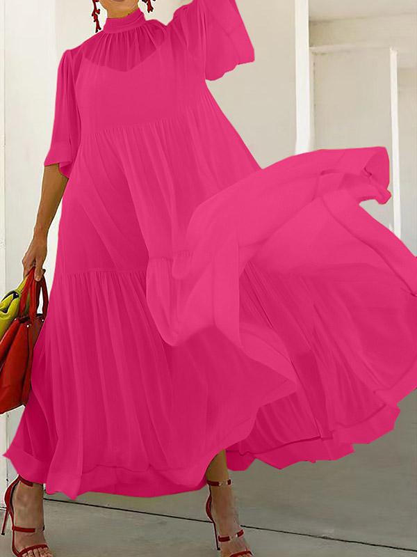 Loose Plus Size Solid Color Split-Joint Inner Dress + Mesh Pleated Mock Neck Outer Dress Two Pieces Set Product Image