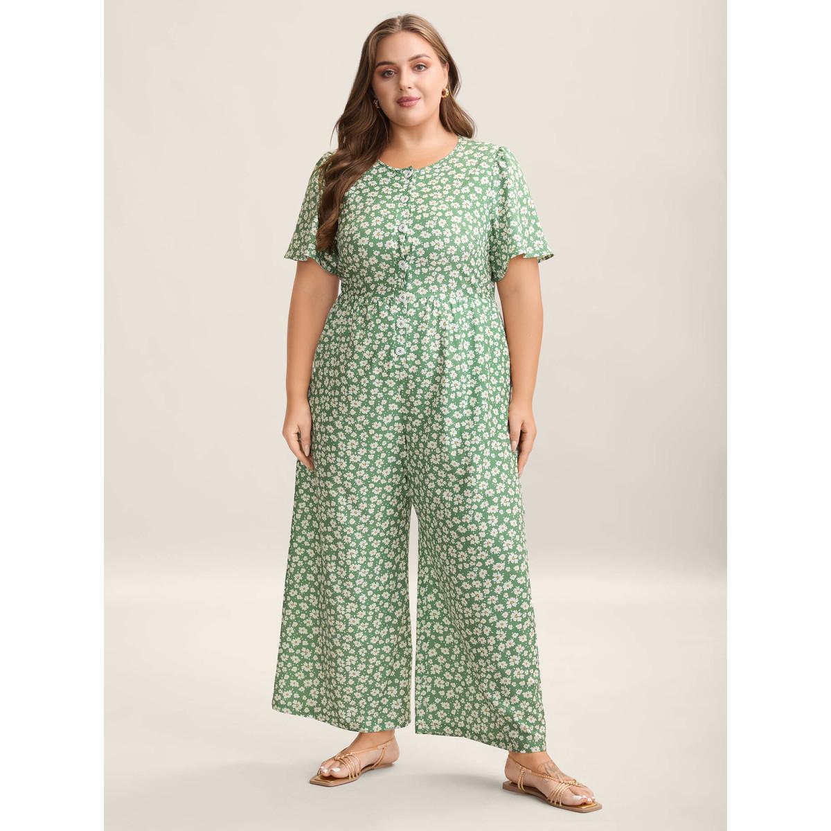 Plus Size Greenbean Floral Print Pockets Wide-Leg Jumpsuit Women Elegant Short sleeve Round Neck Everyday-Elegant Loose Jumpsuits BloomChic 22-24/3X Product Image