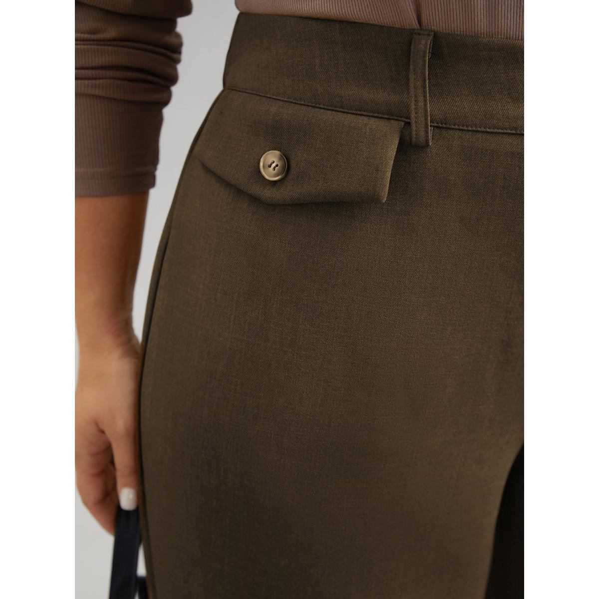 Plus Size Stretchy-Waist Decorative Pockets Straight-Leg Pants Women DarkBrown At the Office Straight Leg Mid Rise Work Pants BloomChic 26/4X Product Image