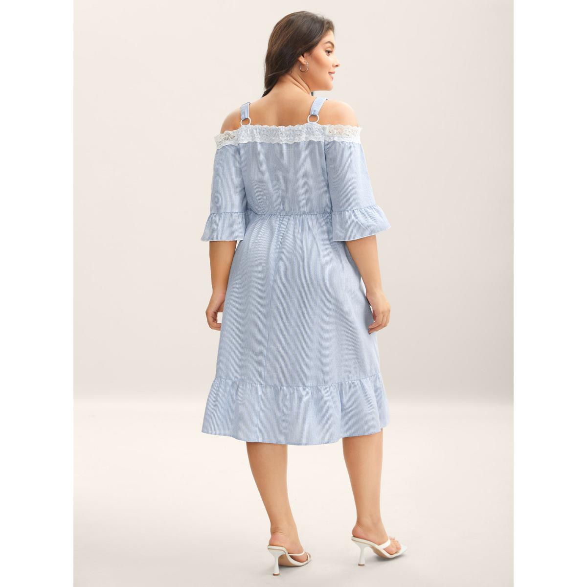 Plus Size Striped Cold Shoulder Lace Midi Dress LightBlue Women One-shoulder neck Short sleeve Curvy BloomChic 14-16/1X Product Image