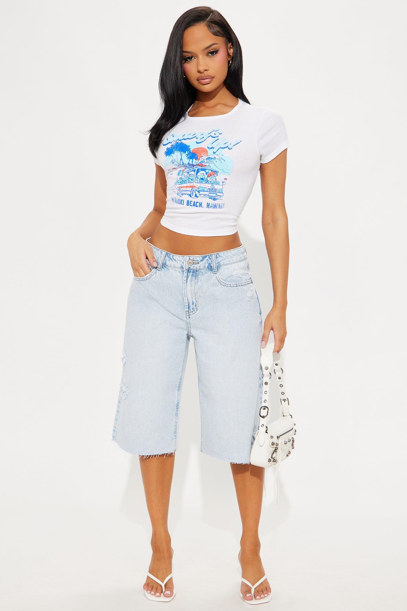 Took A While Non Stretch Ripped Denim Jorts - Light Wash Product Image