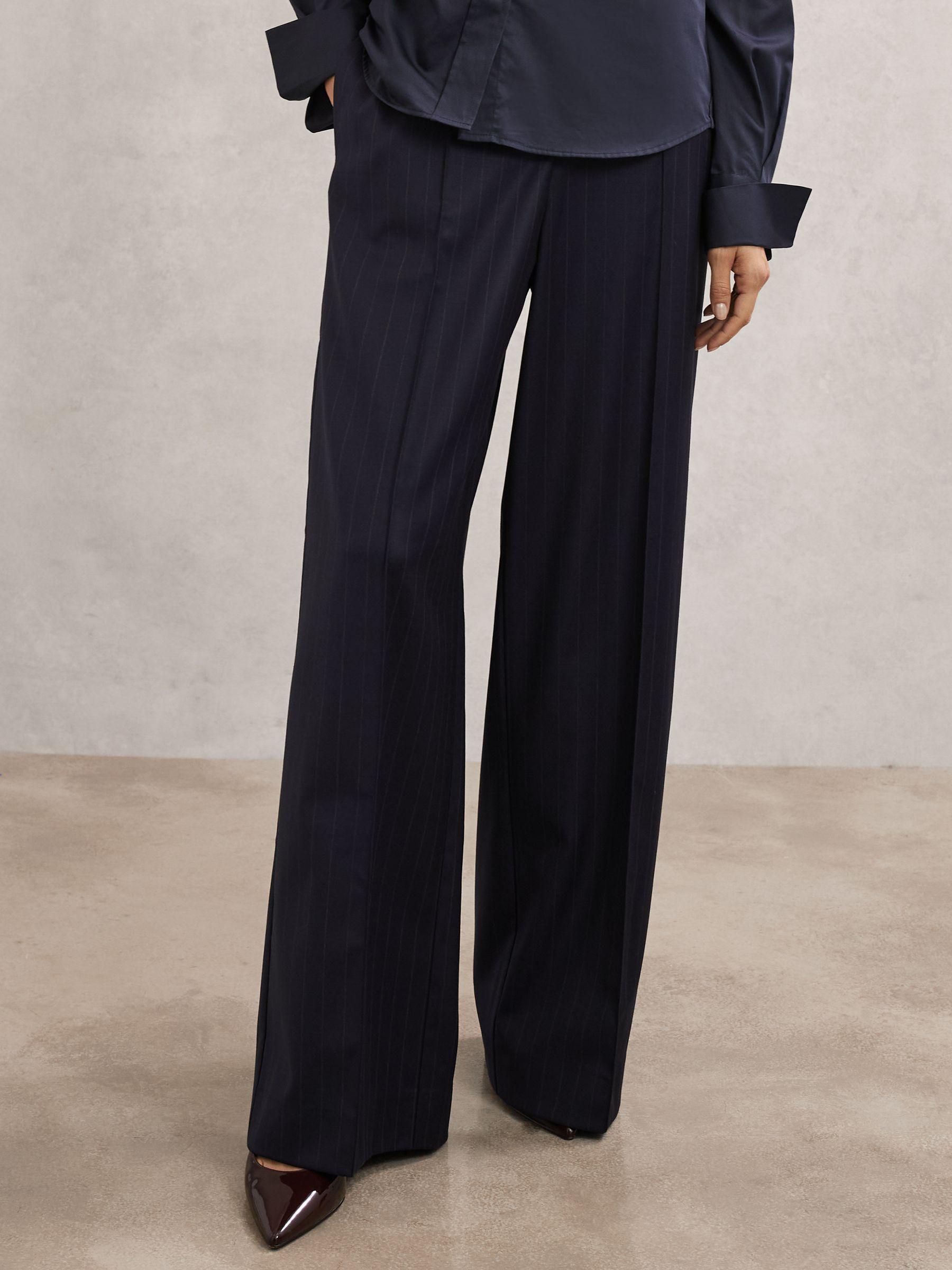 Wool-Blend Pinstripe Wide-Leg Trousers in Navy Product Image