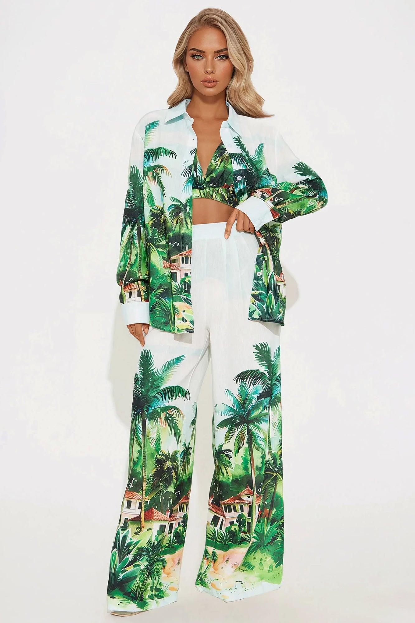 Daphne 3 piece Linen Vacation Pant Set - Green Product Image