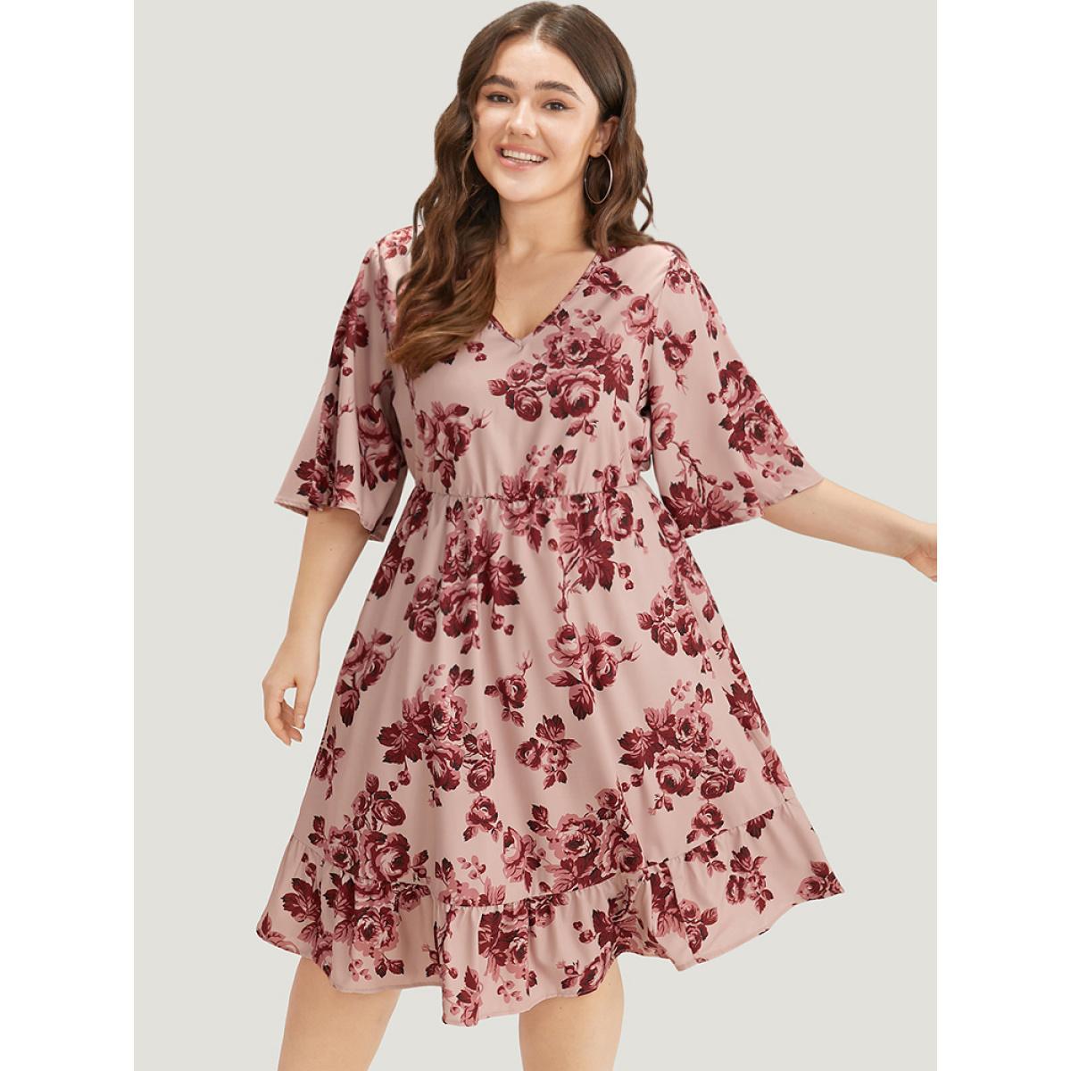 Plus Size Floral Print Pocket Flounce Sleeve Ruffle Dress DustyPink Women Elegant Printed V-neck Half Sleeve Curvy Midi Dress BloomChic 30/6X Product Image