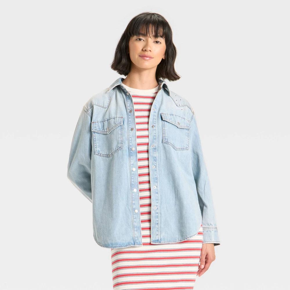 Women's Long Sleeve Star Embroidered Western Denim Shirt - Universal Thread™ Light Wash XS Product Image