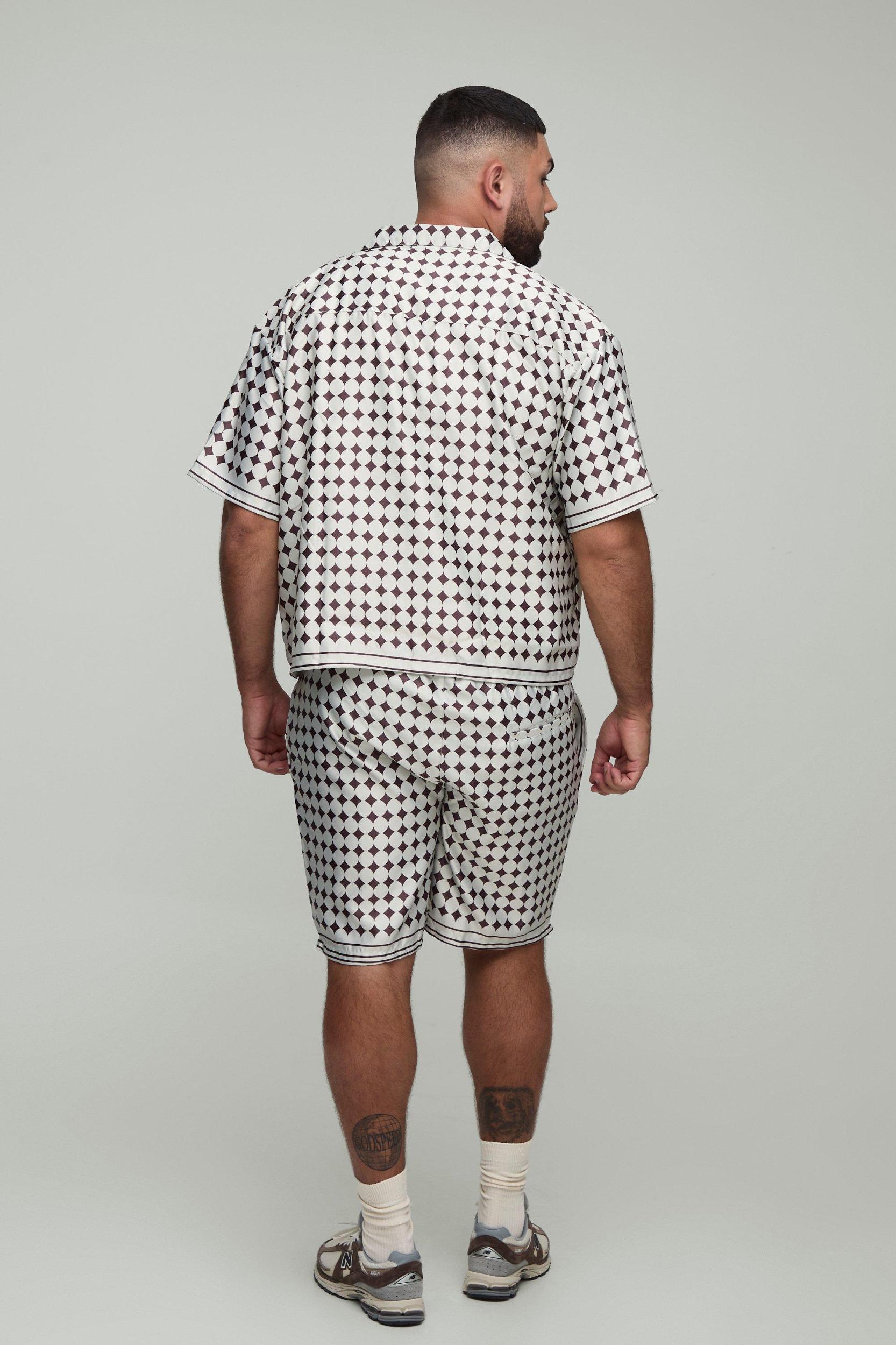 Plus Oversized Boxy Short Sleeve Check Satin Shirt & Short Set | boohooMAN USA Product Image