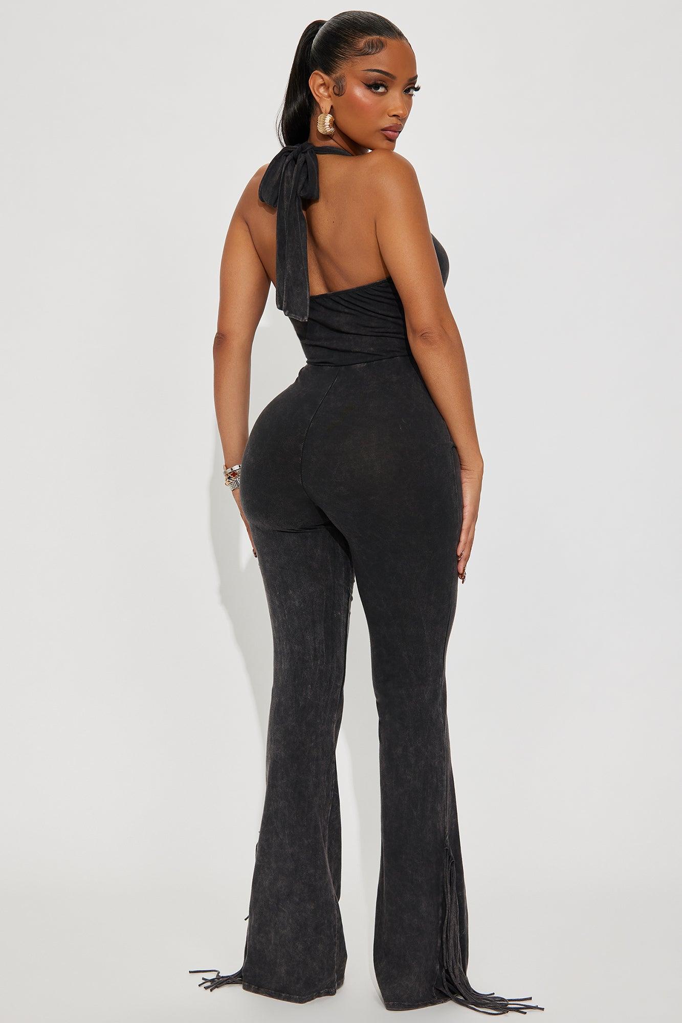 Leah Washed Fringe Halter Jumpsuit - Charcoal Female Product Image