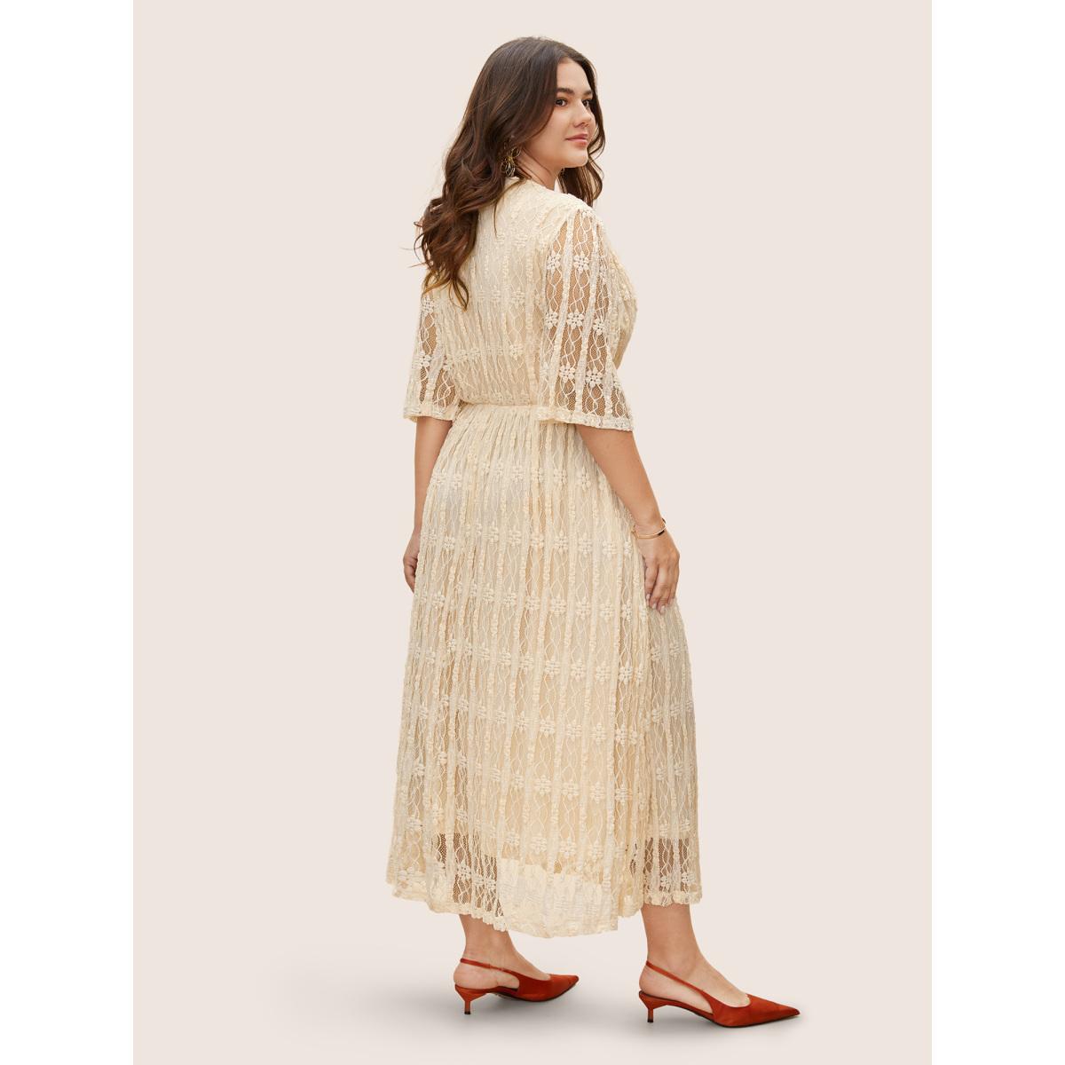Plus Size Solid Overlap Collar Lace Panel Dress Beige Women Elegant Woven ribbon&lace trim Overlap Collar Half Sleeve Curvy BloomChic 12/L Product Image