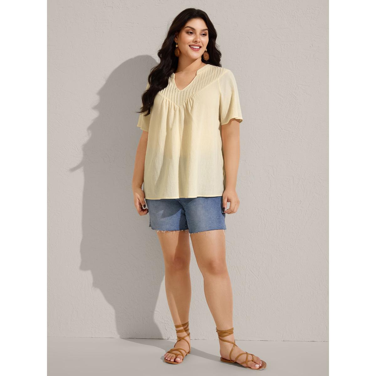 Plus Size Beige Cotton Stripe Neckline Notched Pleated Sheer Blouse Women Short sleeve Flat collar with V-notch Vacation Blouses BloomChic 12/L Product Image