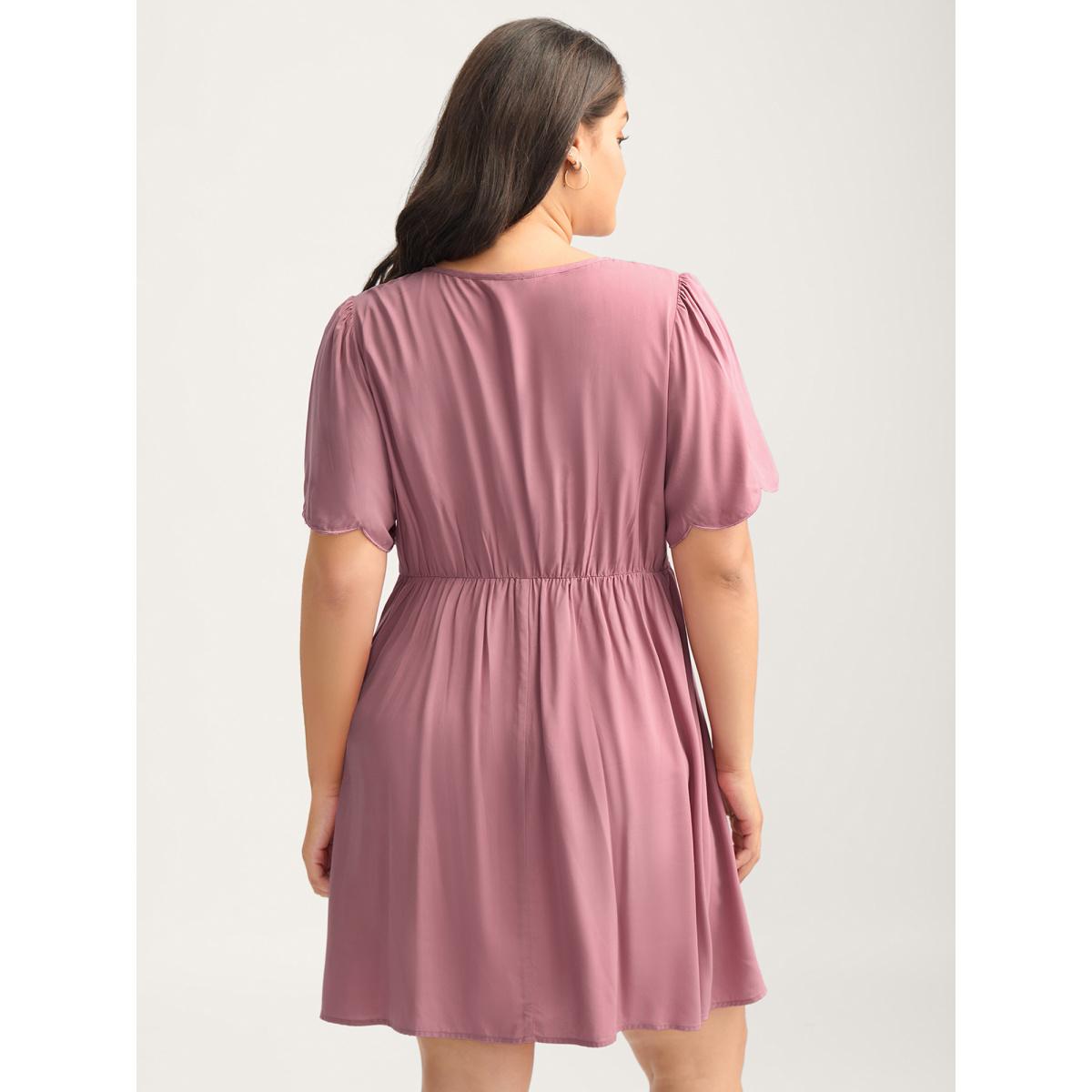 Plus Size Rayon Bodice Embroidered Patchwork Knot Midi Dress DustyPink Women V-neck Short sleeve Curvy BloomChic 10/M Product Image