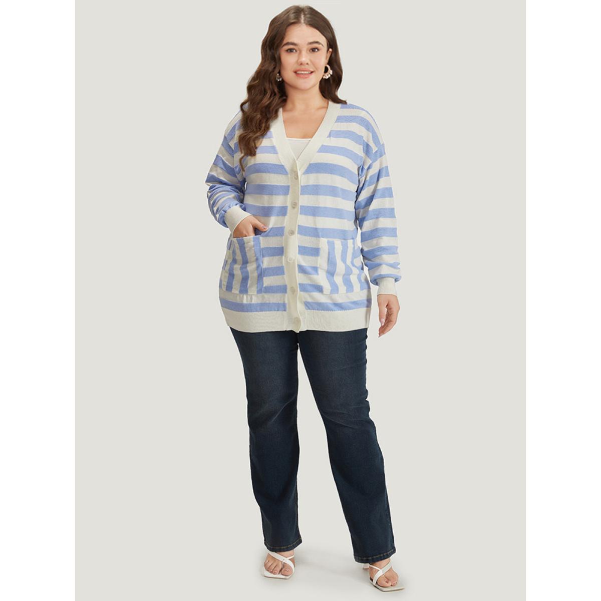 Plus Size Striped Button Down Patched Pocket Cardigan LightBlue Women Casual Loose Long Sleeve Everyday Cardigans BloomChic 30/6X Product Image