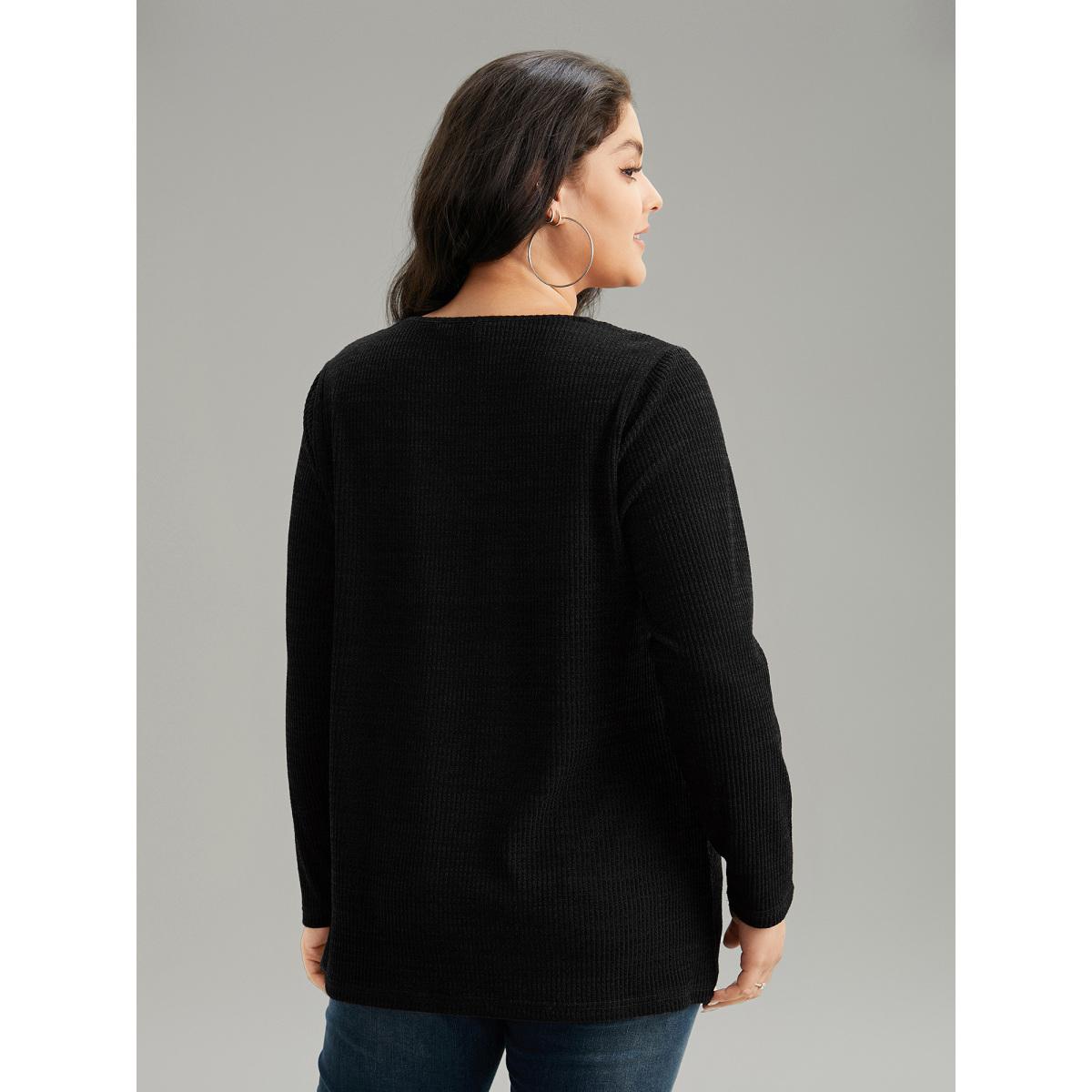 Plus Size Solid Rib Knit Button Detail T-shirt Black Women Leisure Non Plain V-neck Casual T-shirts BloomChic 10/M Product Image
