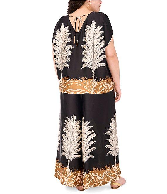 Vince Camuto Plus Size Coordinating Leaf Printed Crew Neck Short Sleeve Caftan Blouse Product Image