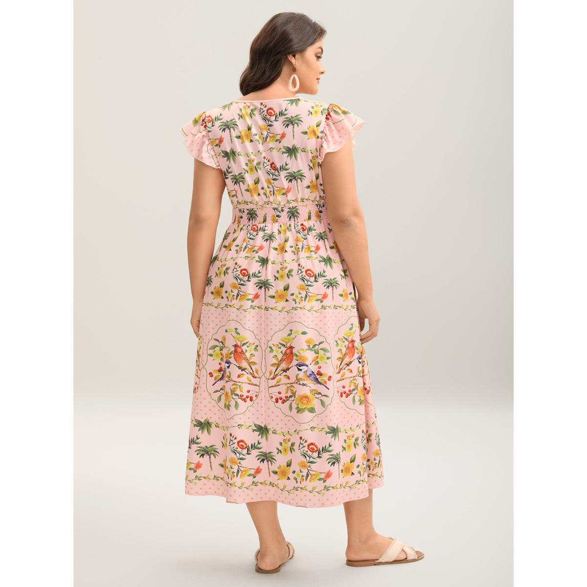 Plus Size Tropical Print Shirred Waist Flutter Maxi Dress Crepe Women V-neck Short sleeve Curvy BloomChic 10/M Product Image