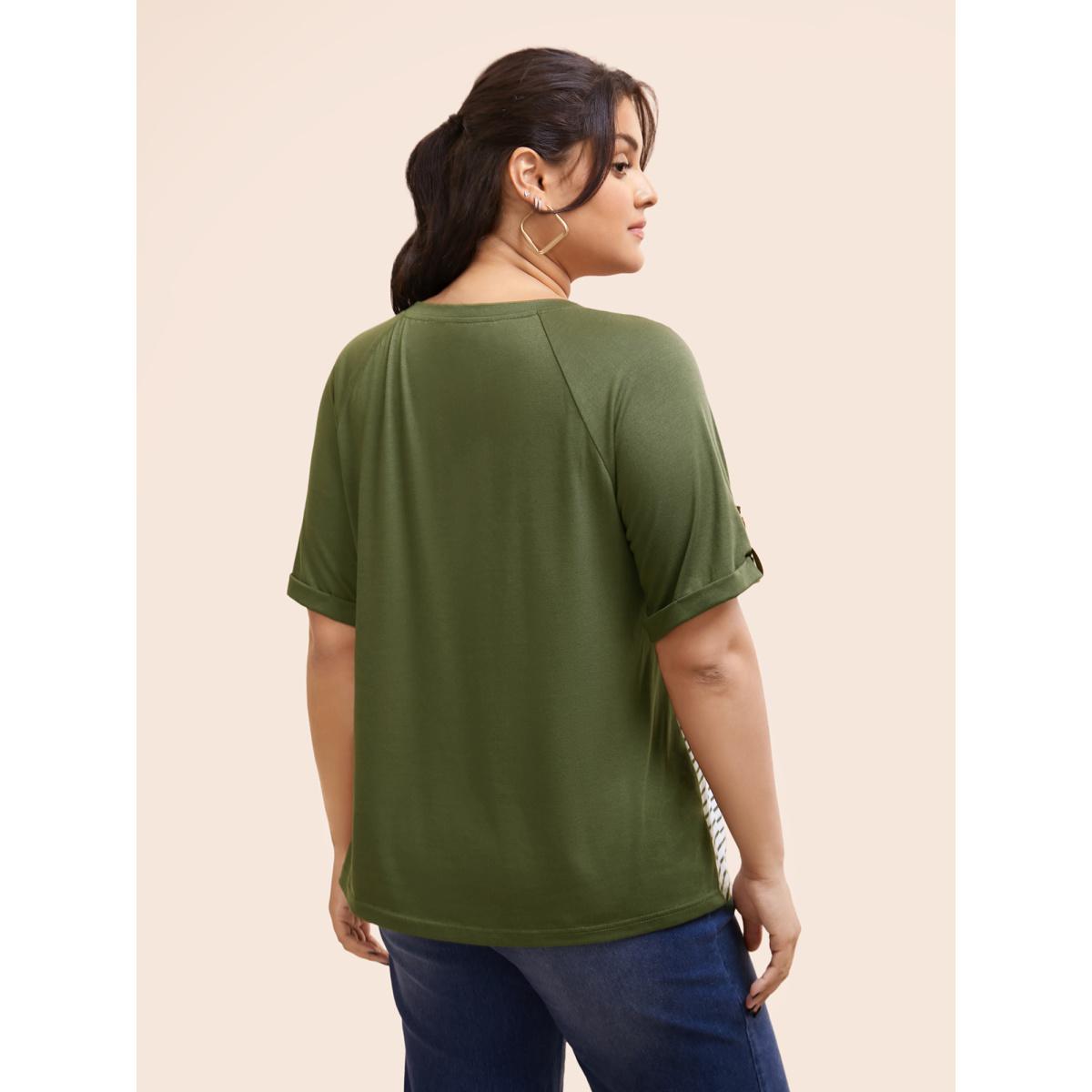 Plus Size Striped Contrast Patched Pocket Roll Raglan Sleeve T-shirt ArmyGreen Women Casual Contrast Striped Round Neck Everyday T-shirts BloomChic 22-24/3X Product Image