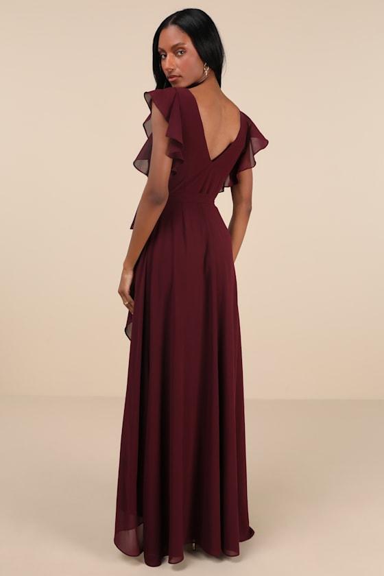 Ravishing Charm Burgundy Ruffled Wrap High-Low Maxi Dress Product Image