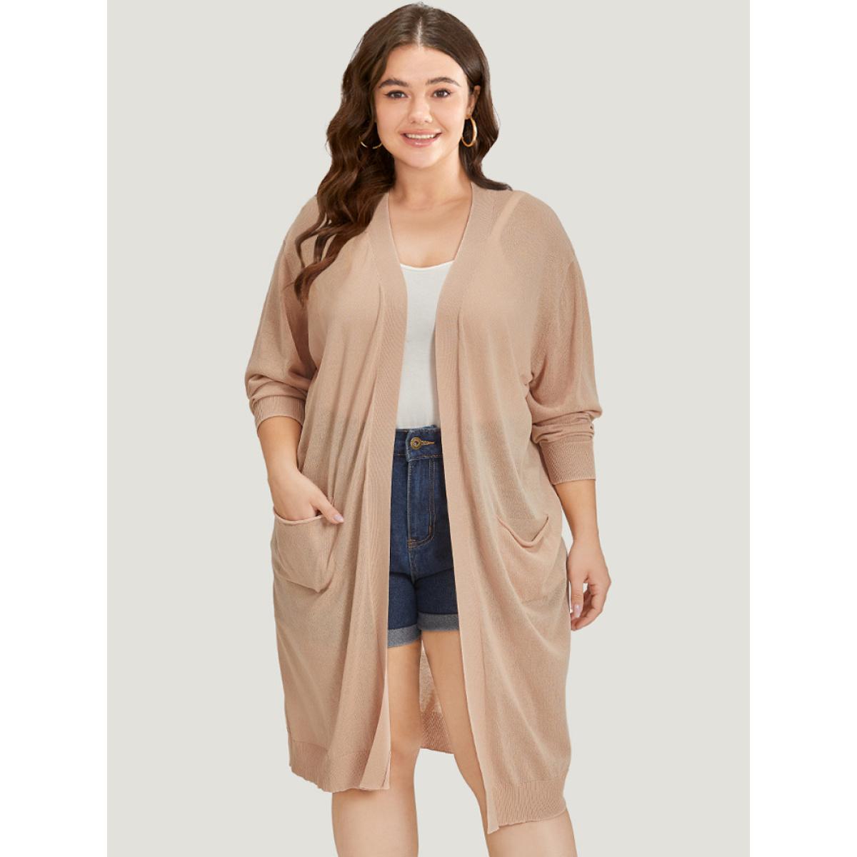 Plus Size Solid Patched Pocket Open Front Breathable Maxi Cardigan Apricot Women Casual Loose Long Sleeve Everyday Cardigans BloomChic 18-20/2X Product Image