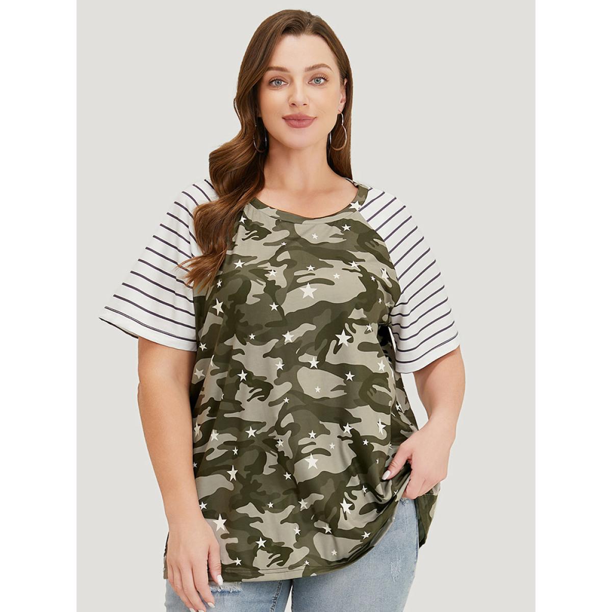 Plus Size Camo & Striped Print Raglan Sleeve T-shirt Multicolor Women Casual Contrast Camo Round Neck Dailywear T-shirts BloomChic 28/5X Product Image