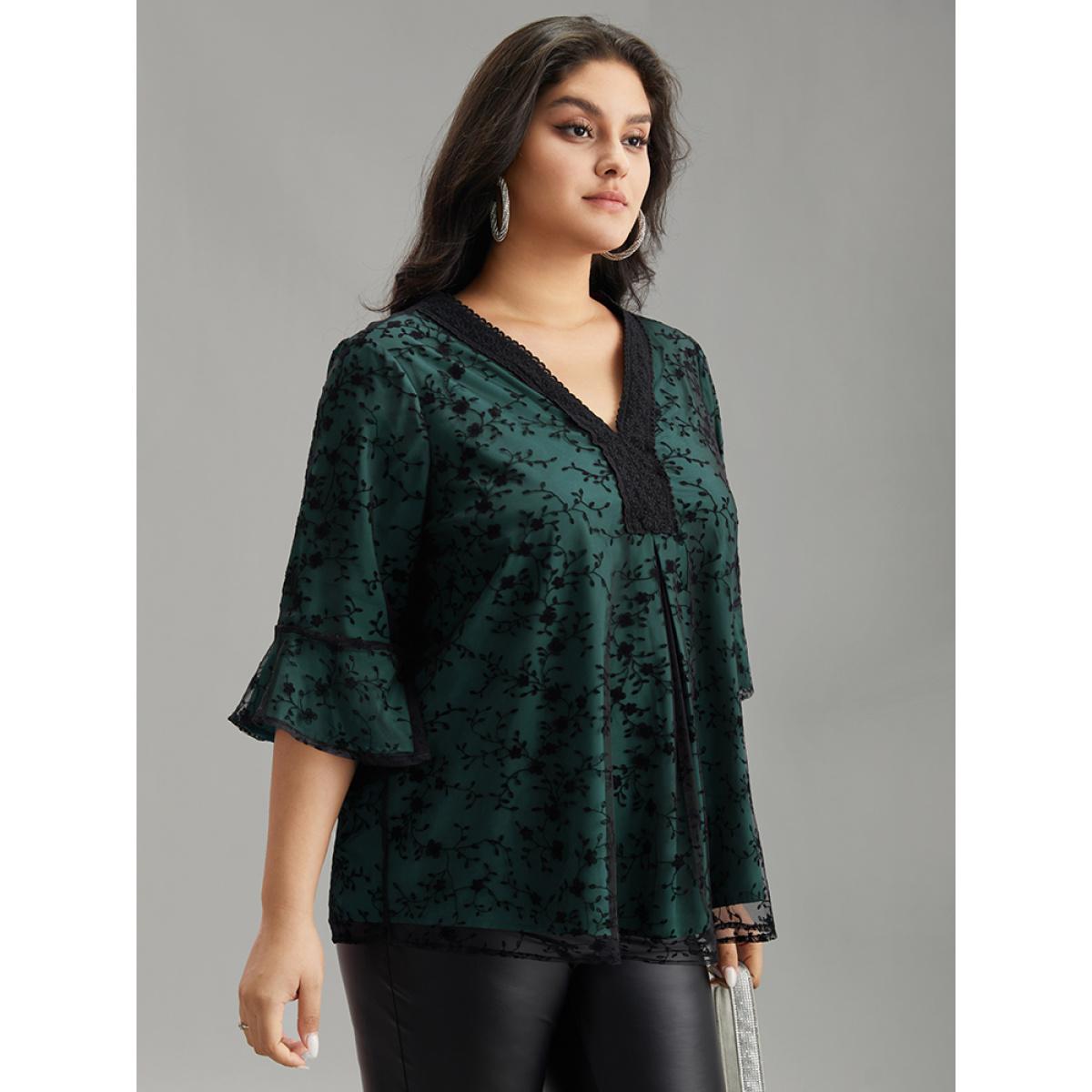 Plus Size DarkGreen Crochet Lace Mesh Bell Sleeve Blouse Women Cocktail Elbow-length sleeve V-neck Party Blouses BloomChic 22-24/3X Product Image