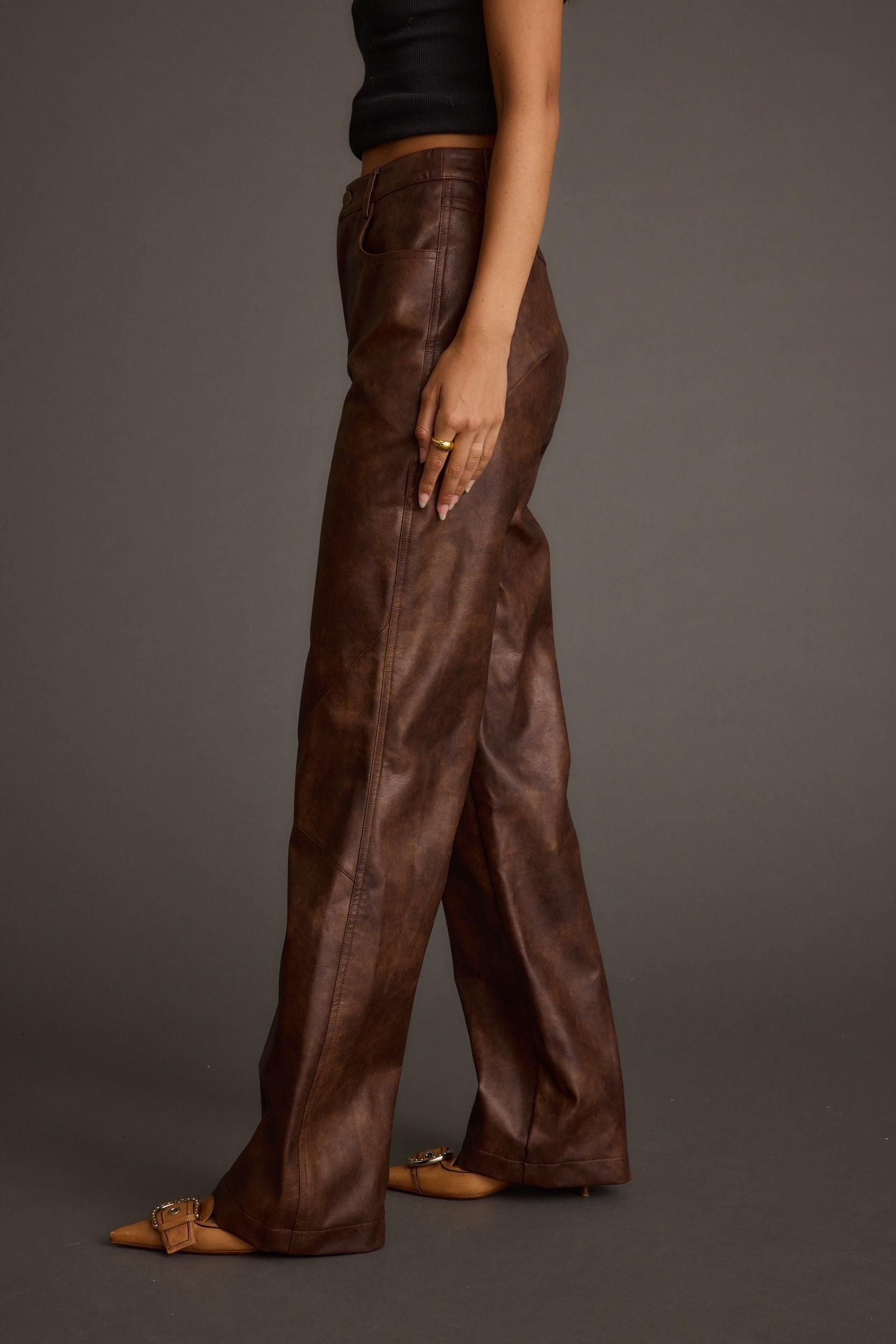 Kingsley Washed Brown Vegan Leather Straight Leg Pants Product Image