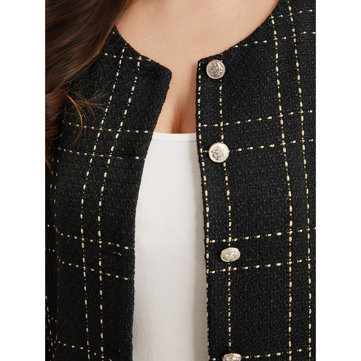 Plus Size Plaid Pattern Button Up Crew Neck Coat Women Black Casual Texture Ladies Dailywear Winter Coats BloomChic 14-16/1X Product Image