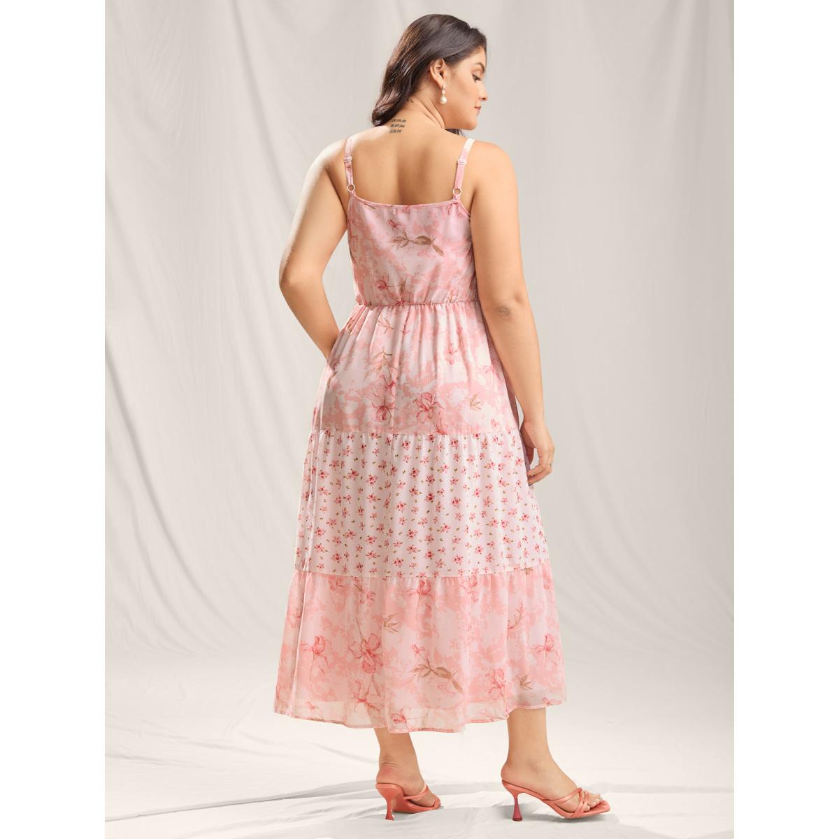 Plus Size Breezy Floral Print Spliced Maxi Dress Lightpink Women Heart neckline Sleeveless Curvy BloomChic 10/M Product Image
