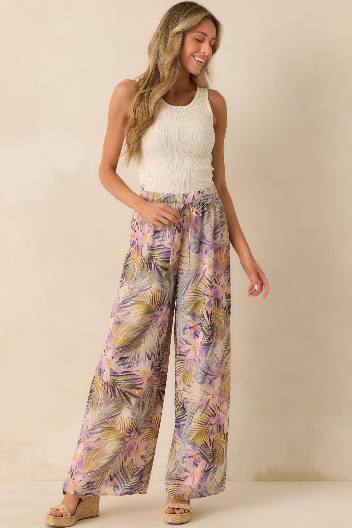 Sunlight All Around Light Pink Tropical Print Wide Leg Pants L / Light Pink Product Image